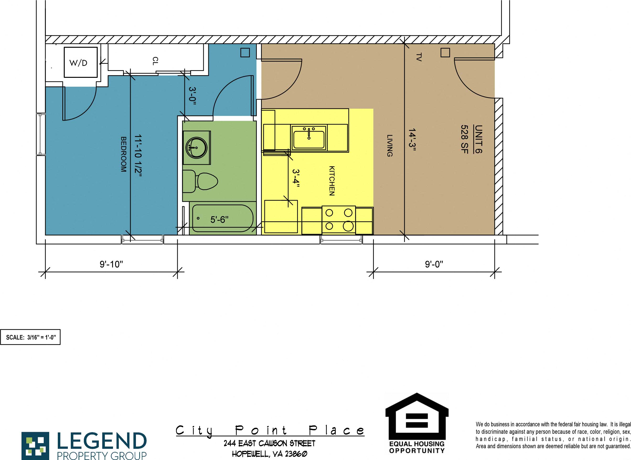 Floor plan for 1 bed, 1 bath, 528 sqft